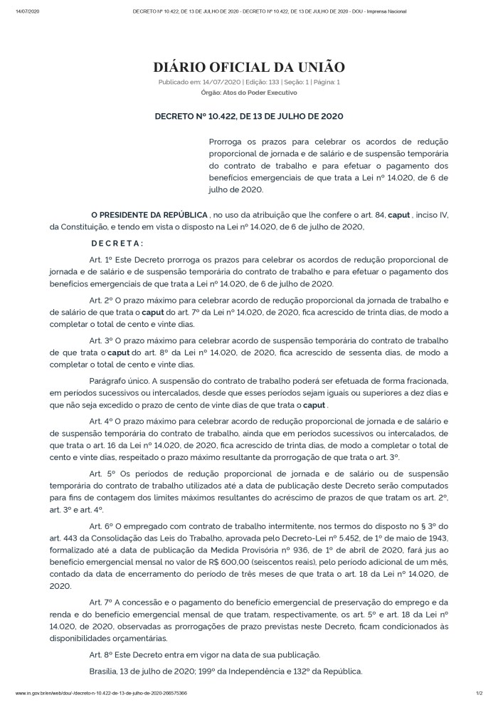 DECRETO Nº 10.422, DE 13 DE JULHO DE 2020 - DECRETO Nº 10.422, DE 13 DE JULHO DE 2020 - DOU - Imprensa Nacional_page-0001